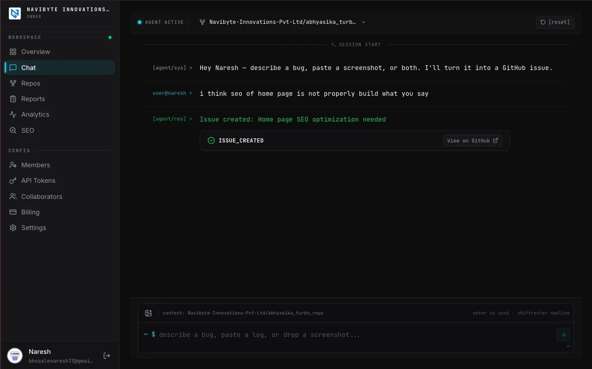 Glitchgrab chat — describe a bug and AI creates the GitHub issue