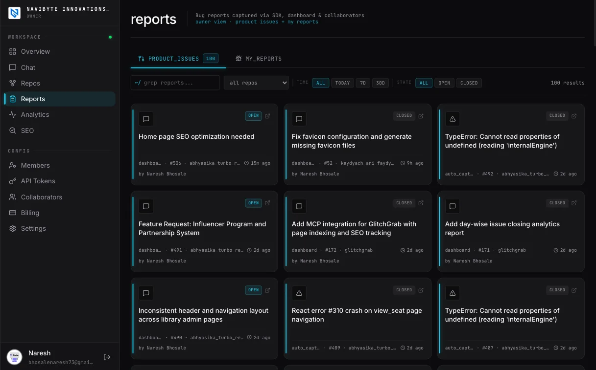 Glitchgrab issue reports — track every bug and see product health at a glance
